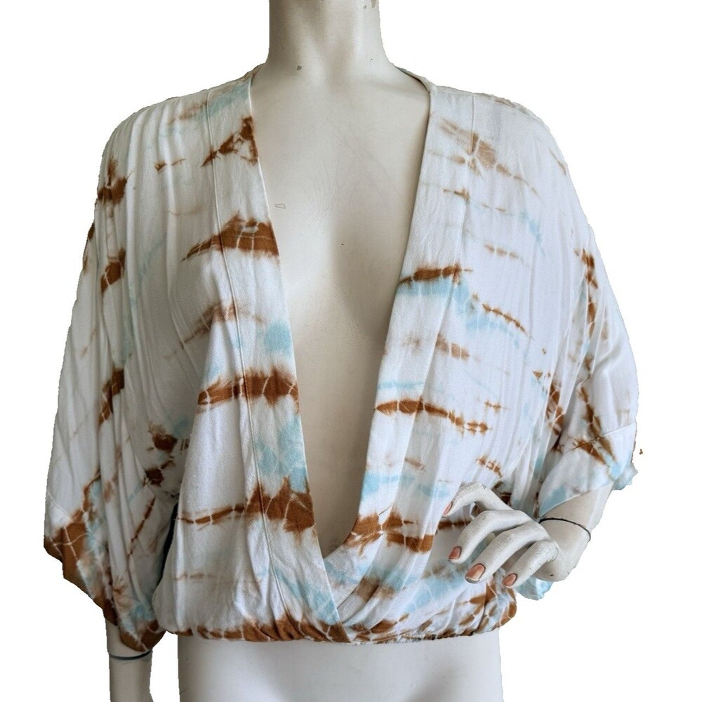 YOUNG FABULOUS & BROKE Tie Dye Blouse Low V-Neck Boho Kimono Sleeve Size S